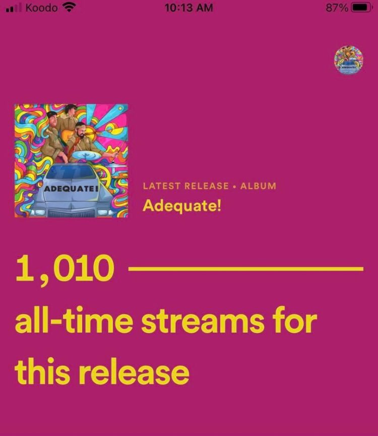 AdequateFunk's tweet photo. We’ve broken through the 1k mark on Spotify! That you so much for all the support and love, we are so excited to have so many amazing people listening to our music! If you haven’t checked out the album yet you can listen to it on all major streaming platforms, or purchase it on https://t.co/X1qxdHmwzX