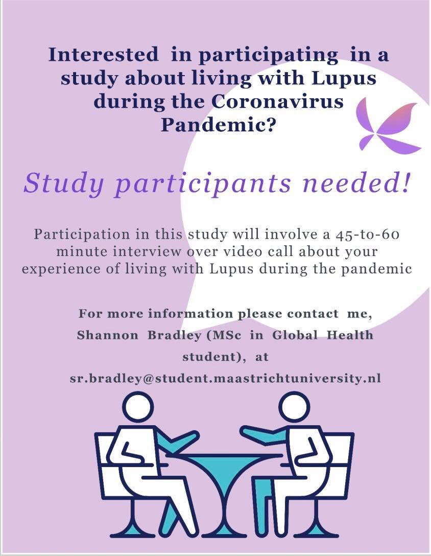 Lupus NI (@lupus_ni) on Twitter photo Do you know someone living with #lupus in #NorthernIreland?
A <a href="/QUBelfast/">Queen's University Belfast 🎓</a> student is carrying out a study as part of her thesis for <a href="/MaastrichtU/">Maastricht University</a> into people living with lupus in NI during the pandemic.
To find out more email sr.bradley@student.maastrichtuniversity.nl Do you know someone living with #lupus in #NorthernIreland?
A <a href="/QUBelfast/">Queen's University Belfast 🎓</a> student is carrying out a study as part of her thesis for <a href="/MaastrichtU/">Maastricht University</a> into people living with lupus in NI during the pandemic.
To find out more email sr.bradley@student.maastrichtuniversity.nl