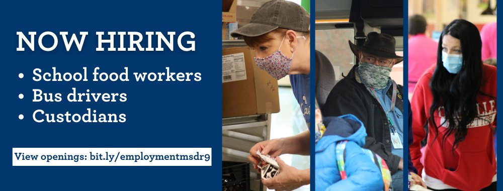 We're currently hiring school food employees, bus drivers and custodians! There are both full- and part-time positions available, with full-time positions offering great benefits like health insurance and retirement. #msdr9 

VIEW ALL OPENINGS: bit.ly/employmentmsdr9