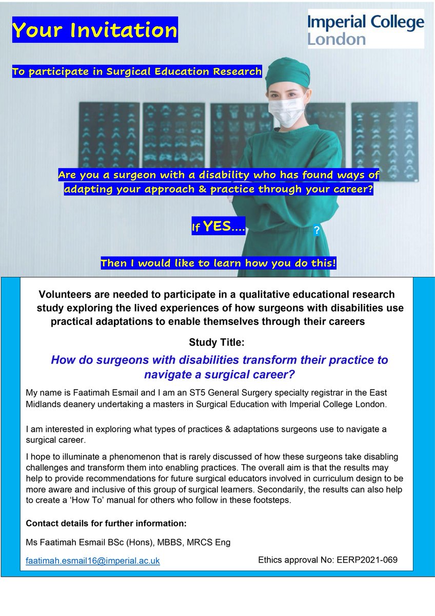 Broader criteria!
Looking for surgeons ST3+ who have developed #surgicalhacks #surgicaltricks to navigate a surgical career. 

Do you struggle with your dexterity or have a neurodivergent condition? - then you have likely figured out hacks you can share!

DM/Email: fie16@ic.ac.uk