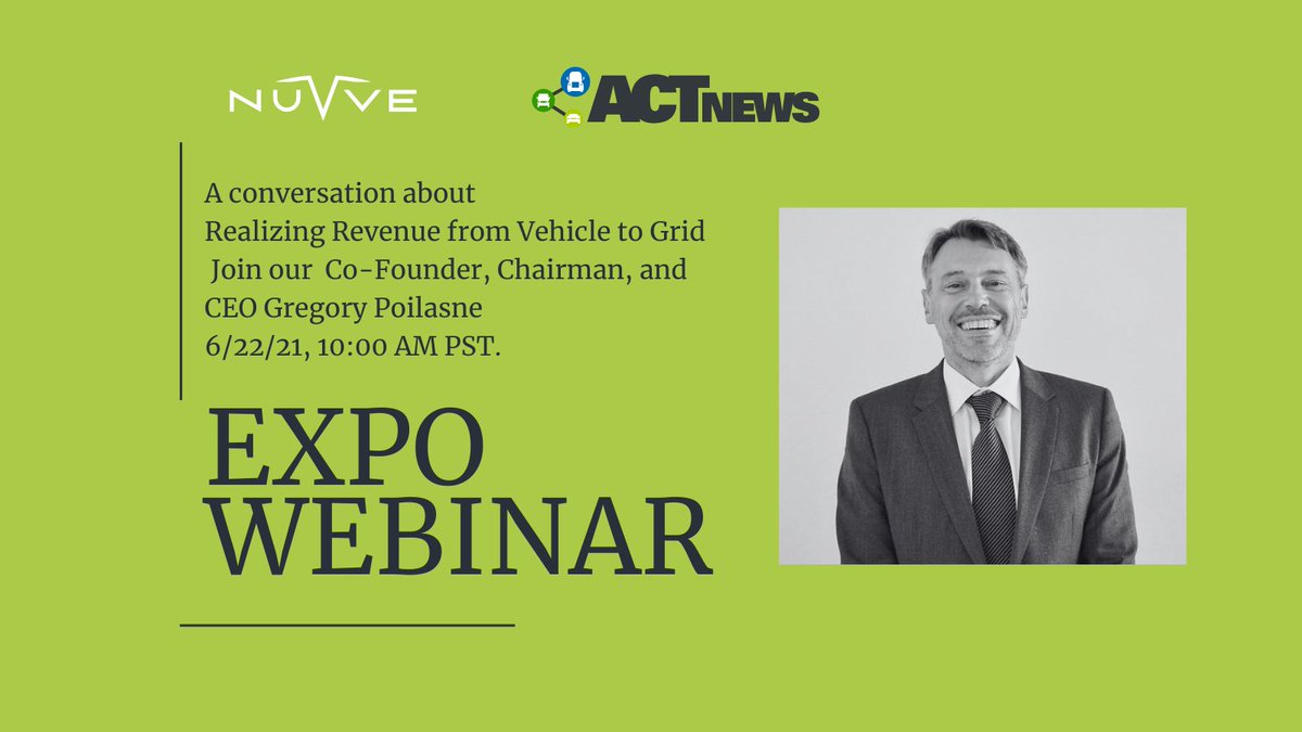 NuvveCorp's tweet image. Join our Chairman and CEO @GPoilasne as he explores #V2G demonstrations and fleet case studies. He&apos;ll be discussing how V2G capabilities can lead to #gridstabilization, cost savings, and resiliency at the @ACTExpo  Pre-Webinar. Learn more about the event: bit.ly/3gazUr9