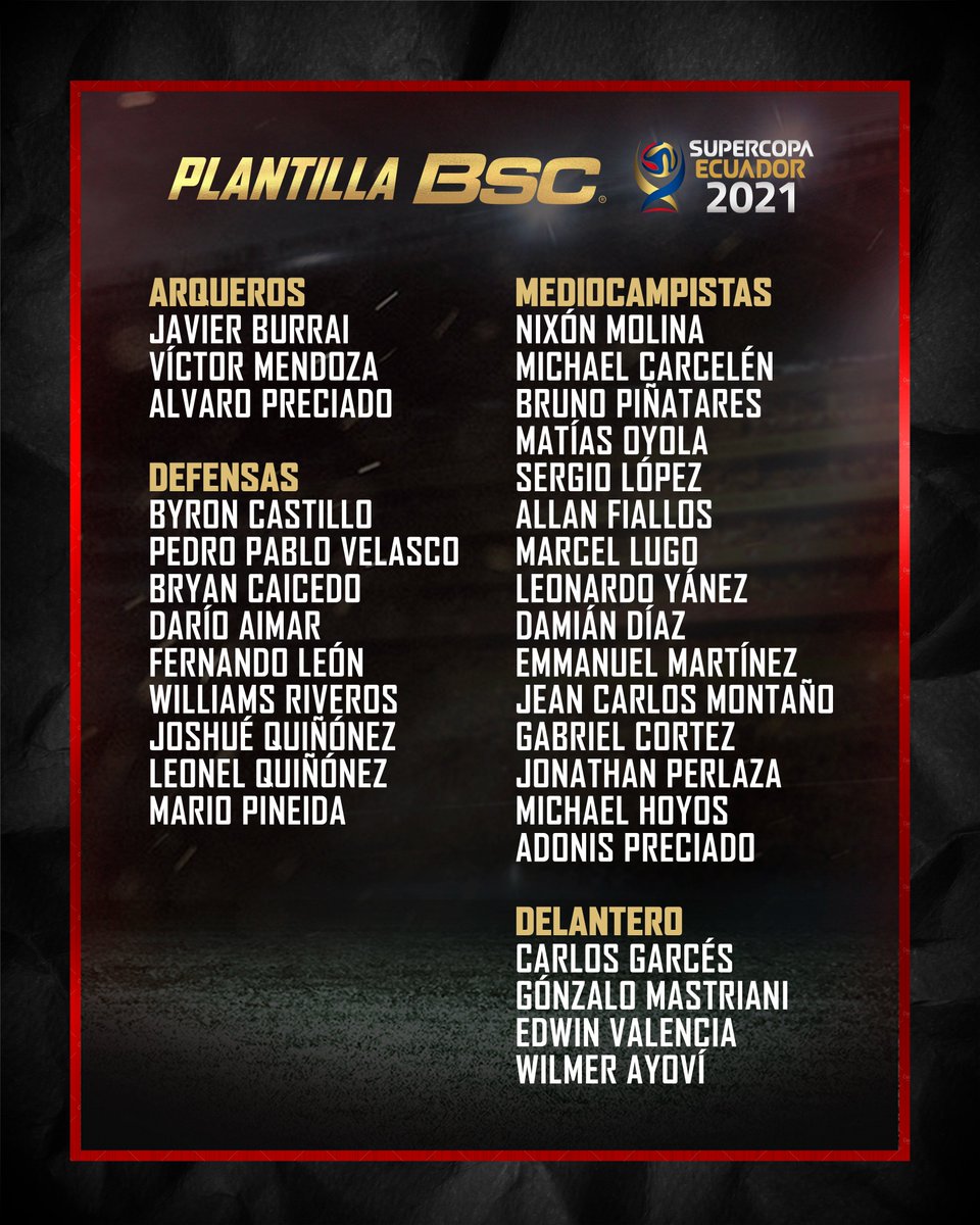 BarcelonaSC's tweet photo. Nómina BSC para la #SúperCopaEcuador 🏆
#VamosÍdolo 🟡⚫️ https://t.co/E9wQ8VaGzB