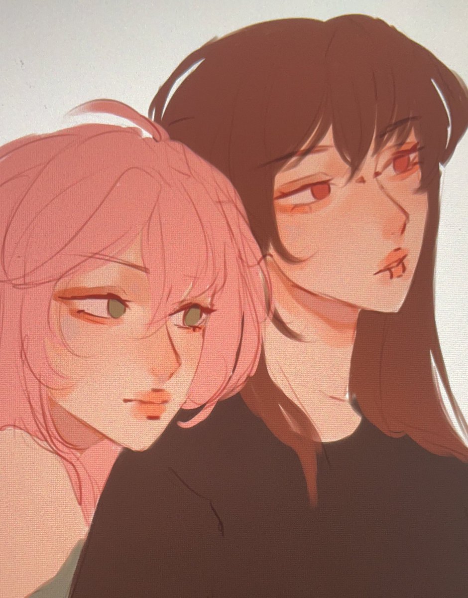 2girls multiple girls pink hair green eyes red eyes long hair yuri  illustration images
