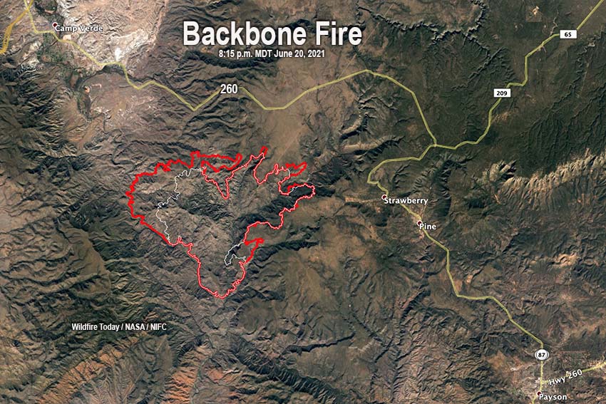 wildfiretoday's tweet image. Updated map of the 32,757-acre #BackboneFire  southeast of Camp Verde, AZ.  
wildfiretoday.com/2021/06/20/bac…
