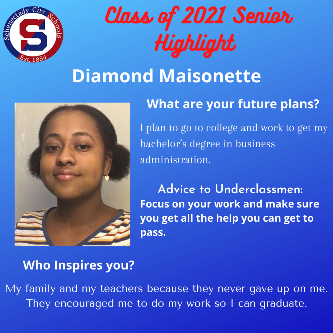 SCSchools's tweet image. Congrats &amp;amp; best wishes to Diamond Maisonette #shsclassof2021👏🏽 Diamond plans to go to college &amp;amp; earn a degree in business admin 💯 💯  Her advice to underclassmen is to focus &amp;amp; to get help when you need it to be successful in school.  Way to go Diamond! #schenectadyvibes