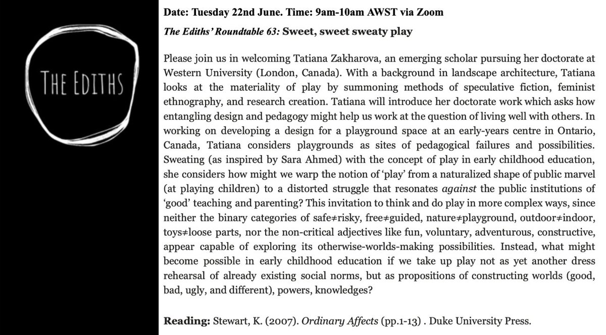 Looking forward to tonight's <a href="/theedithsecu/">The Ediths</a> roundtable - Sweet, sweet sweaty #play. Please join at 9pm Eastern on Zoom ecu.zoom.us/j/89153790622?…