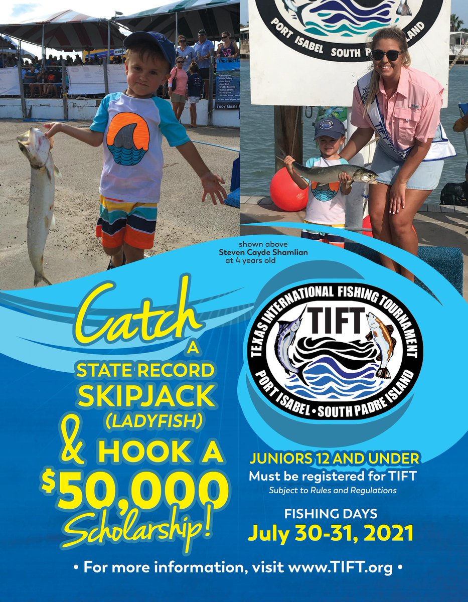 FishTIFT's tweet image. ATTENTION JUNIOR ANGLERS: Catch a state record Skipjack (Ladyfish) and hook a $50,000 scholarship at the 81st @FishTIFT ! Fishing dates: July 30 - 31, 2021 - rules and regulations apply. For more information and to register visit tift.org. #TIFT #Texas #Fishing