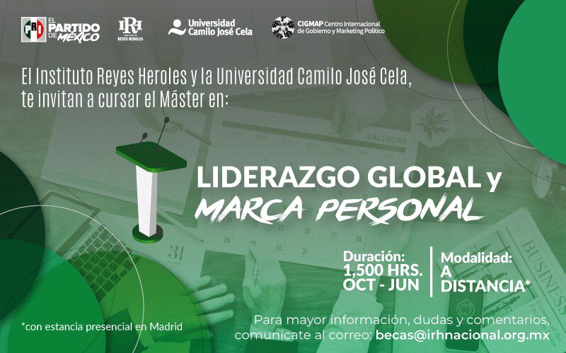 Continúa con tu formación profesional y cursa el Máster en Liderazgo Global y Marca personal en la Universidad Camilo José Cela, a través de las #BecasReyesHeroles. 

✉️Para mayor información: becas@irhnacional.org.mx