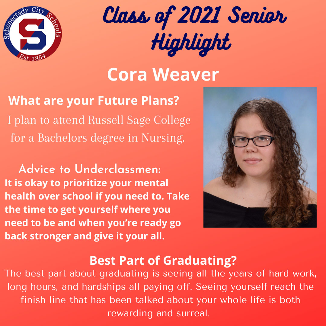 SCSchools's tweet image. Join us in congratulating &amp;amp; extending best wishes to Cora Weaver #shsclassof2021  Cora is headed to Russell Sage  in the fall to earn a degree in nursing 💯👏  Yes... always practice self-care including taking care of your mental health #greatadvice  #schenectadyvibes #finishline