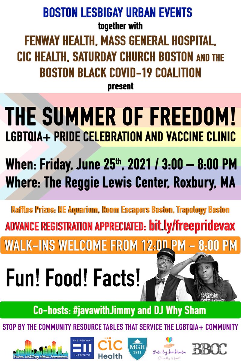 .@FenwayHealth, @MassGeneralNews, @BlackBOSCOVID and partners are offering a LGBTQ+ #PrideCelebration and #Vaccine - Fri, Jne 25th, 3-8pm. Walk-ins welcome from Noon-8:00pm. Reggie Lewis Center, Roxbury. Check it out!! @BARCC @saheliboston