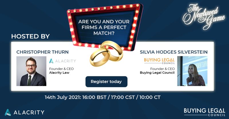 Reality 'TV' for Professionals  - 

The Newlywed Game | Are You and Your #LawFirms a Perfect Match? 

#LawFirm &amp; #InhouseCounsel  go head-to-head  to understand each others perspectives on what makes and breaks a strong relationship. 

buyinglegal.com/event-4160339

<a href="/alacritylaw/">Alacrity</a>