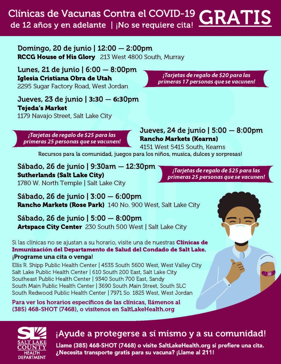 No appointment is needed for these FREE vaccine clinics! Get your shot to protect yourself and your family. Gift cards available at Iglesia Christiana Obra de Utah, Rancho Markets (Kearns), and Sutherlands (SLC). 

Learn more: thisisourshot.com