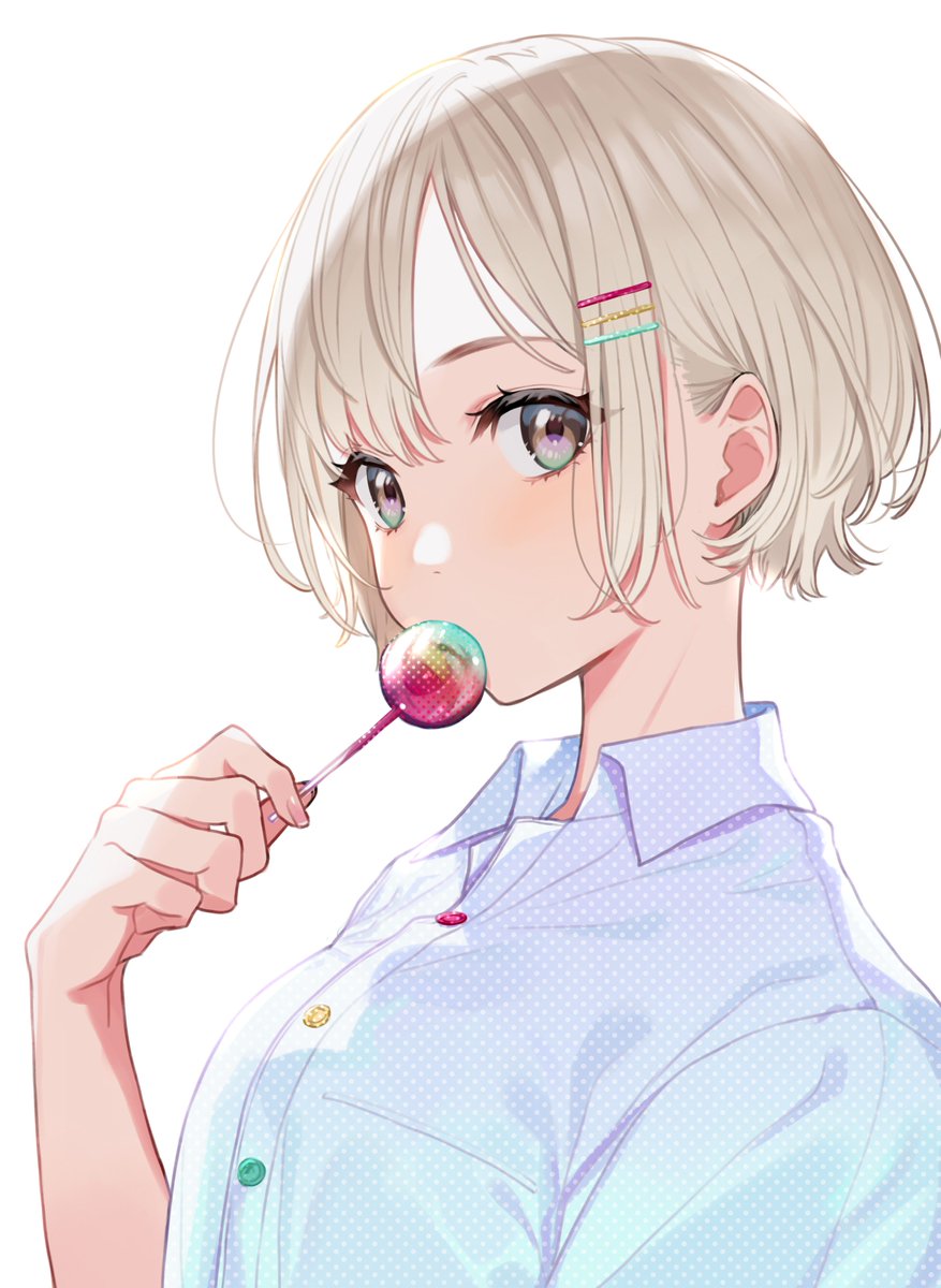 1girl solo food lollipop shirt candy hair ornament  illustration images