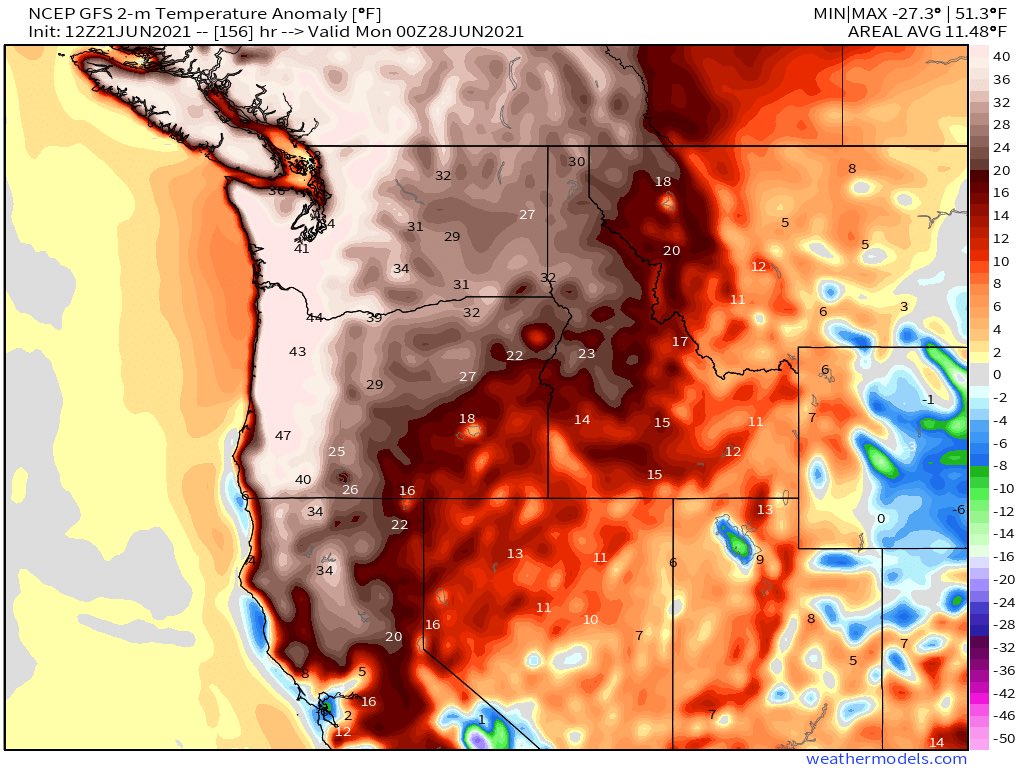 CAStormLover's tweet photo. I honestly don’t know the last time I’ve seen temperature anomalies this high. It’s only 156 hours out.. There’s going to be so many records broken if not *possibly all time records*. 🌡🤯 #CAwx #ORwx #WAwx #WxTwitter #MegaHeatwave https://t.co/J9CtiSL7uw
