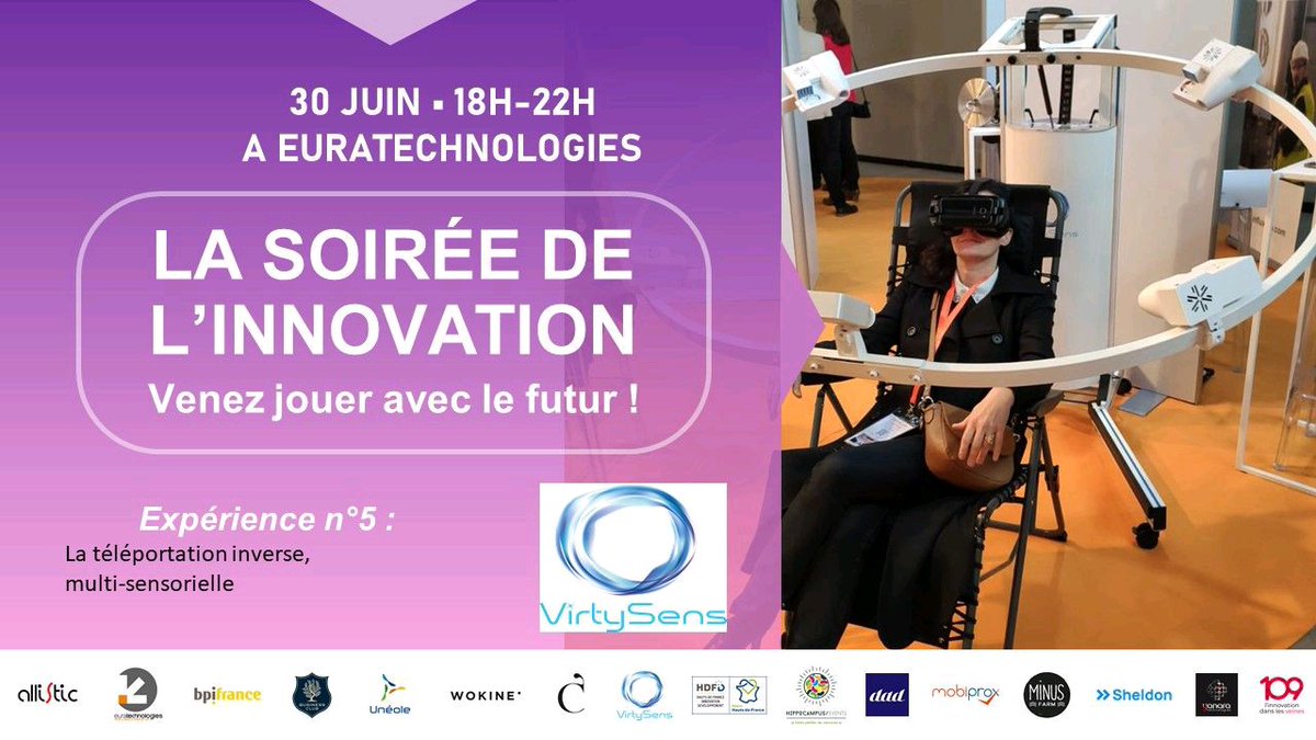 Expérience N°5 :  La téléportation inverse, multi-sensorielle 🧙‍♂️🤸🏻‍♂️
Ca vous intrigue? <a href="/VirtySens/">VirtySens</a> vous propose une expérience que vous n’êtes pas prêt d’oublier. Un pouvoir thérapeutique, mais pas que … 
consultez le programme  et inscrivez vous : 
109innovation.com/la_soiree_inno…