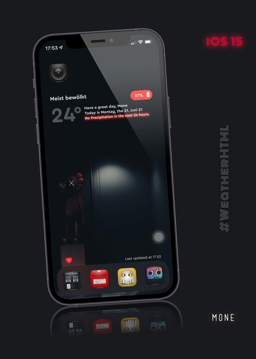 kleinmone's tweet image. #iOS15beta #nojailbreak

Today on my screen .. again recreated one of my YW themes for WHTML.

WeatherHTML by @thewaytozion ⭐️
Icons Orsam by Gary @daddykool666 
Wallpaper .. can&apos;t really remember anymore, maybe by @Sench022 .. correct me if I&apos;m wrong
Template by @screenshot_pro