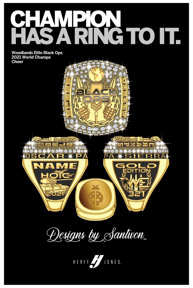 DBSchamprings's tweet photo. Congratulations @WoodlandsCheer @WEblackops! 

2021 WORLD CHAMPIONS! 

#DBSchamprings #designsbysantwon #hjchamprings #herffjones #championshiprings #champrings #nationalchampions #worldchampions https://t.co/beO3QQkHyk
