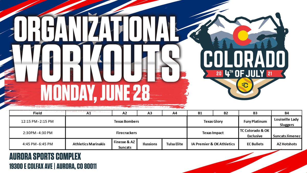 🚨🥎 2021 #COSparkFire Organizational Workouts! Check out the schedule below for next Monday, June 28 at Aurora Sports Complex! #IPlayTCS