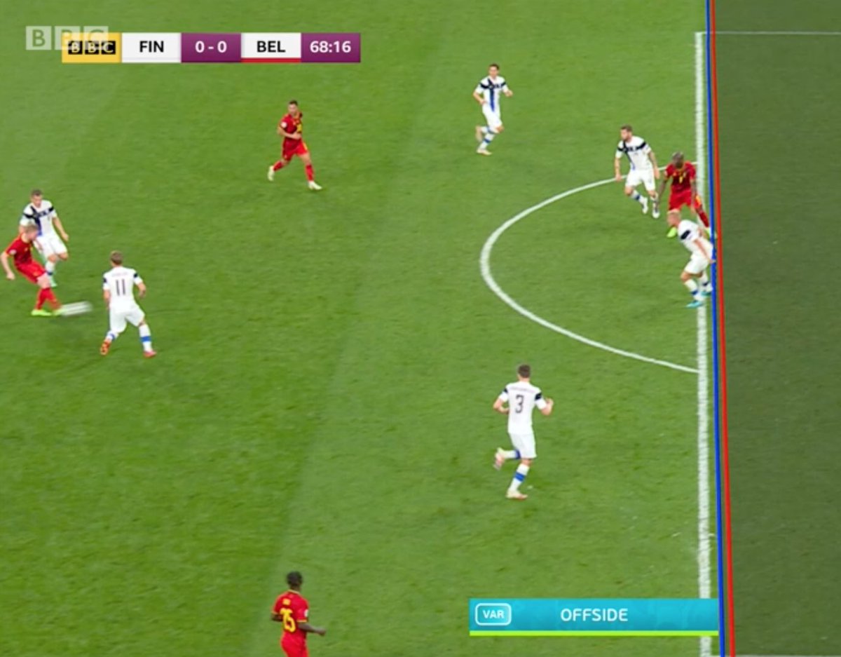 Sam_Ruby's tweet photo. Hang on a sec, isn't offside supposed to be the moment the ball is played? #FINBEL #VAR https://t.co/FdZYGQMYD4