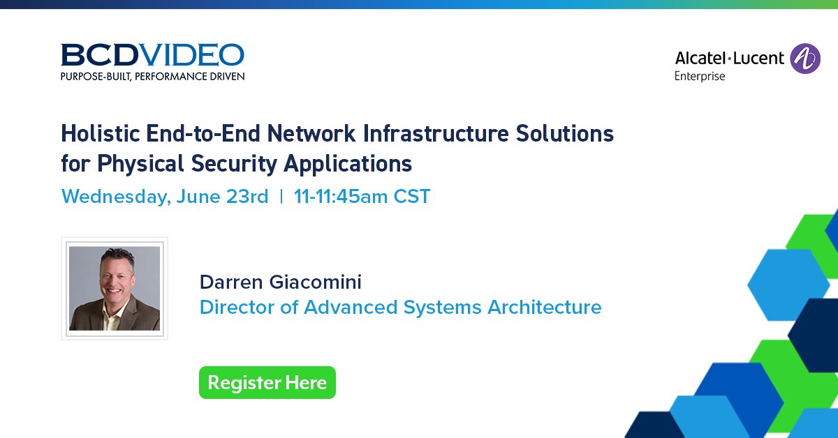BCDVideo's tweet photo. Calling all security integrators! You're invited for a virtual lunch &amp; learn on June 23rd to discuss the advantages of @ALUEnterprise networking solutions. Register Here: https://t.co/jG3QTdKIFL https://t.co/dP3UNRtKt3