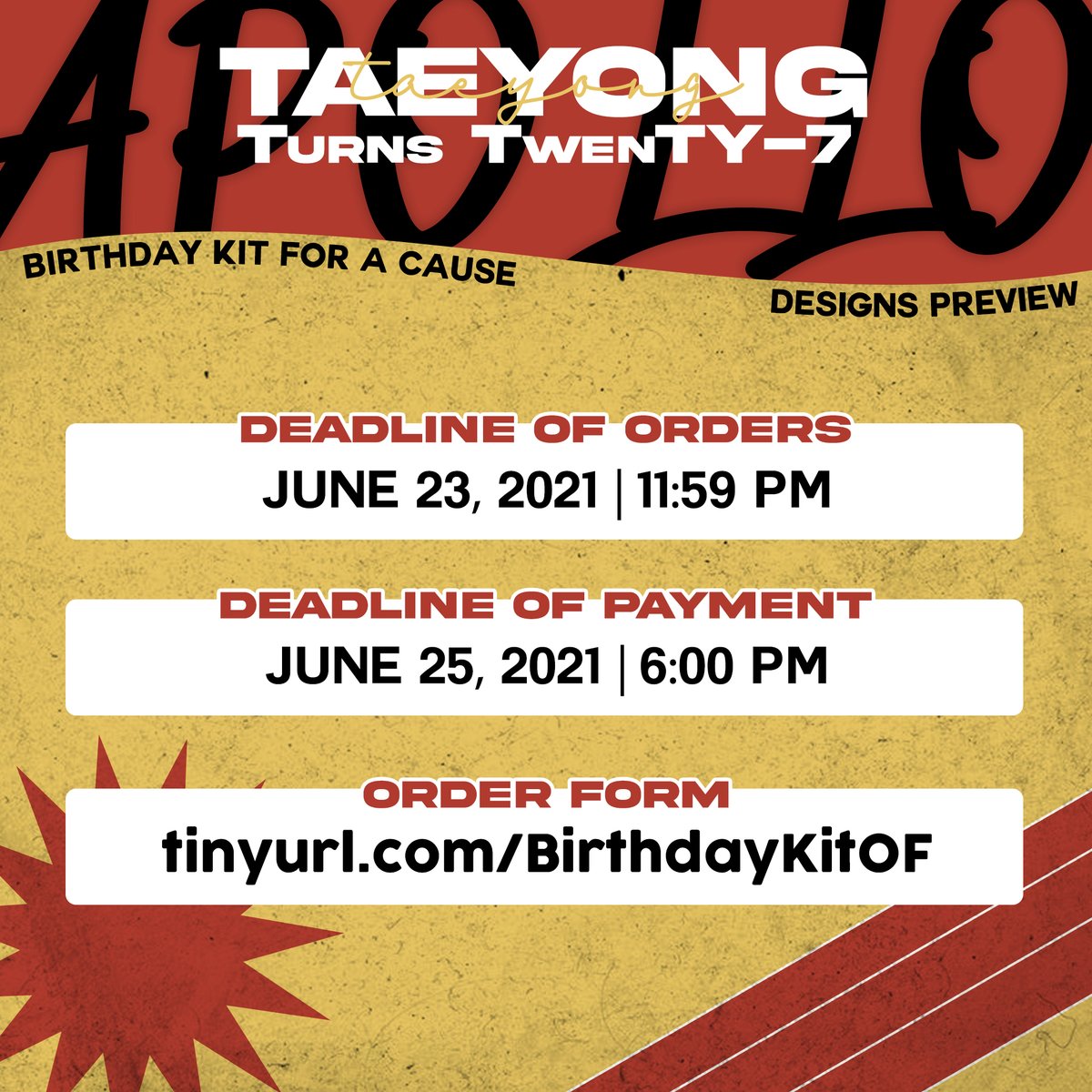 [STAFF POST — #HappyTwenTY7]

𝐀𝐏𝐎𝐋𝐋𝐎: Birthday Kit for a Cause in partnership with <a href="/TitasOfKpop/">Titas of Kpop</a> 
💛 Designs Preview 💛

You still have until tomorrow, June 23, to order! Proceeds will be donated to Best Friends Furever Sanctuary.

Order Form: tinyurl.com/BirthdayKitOF