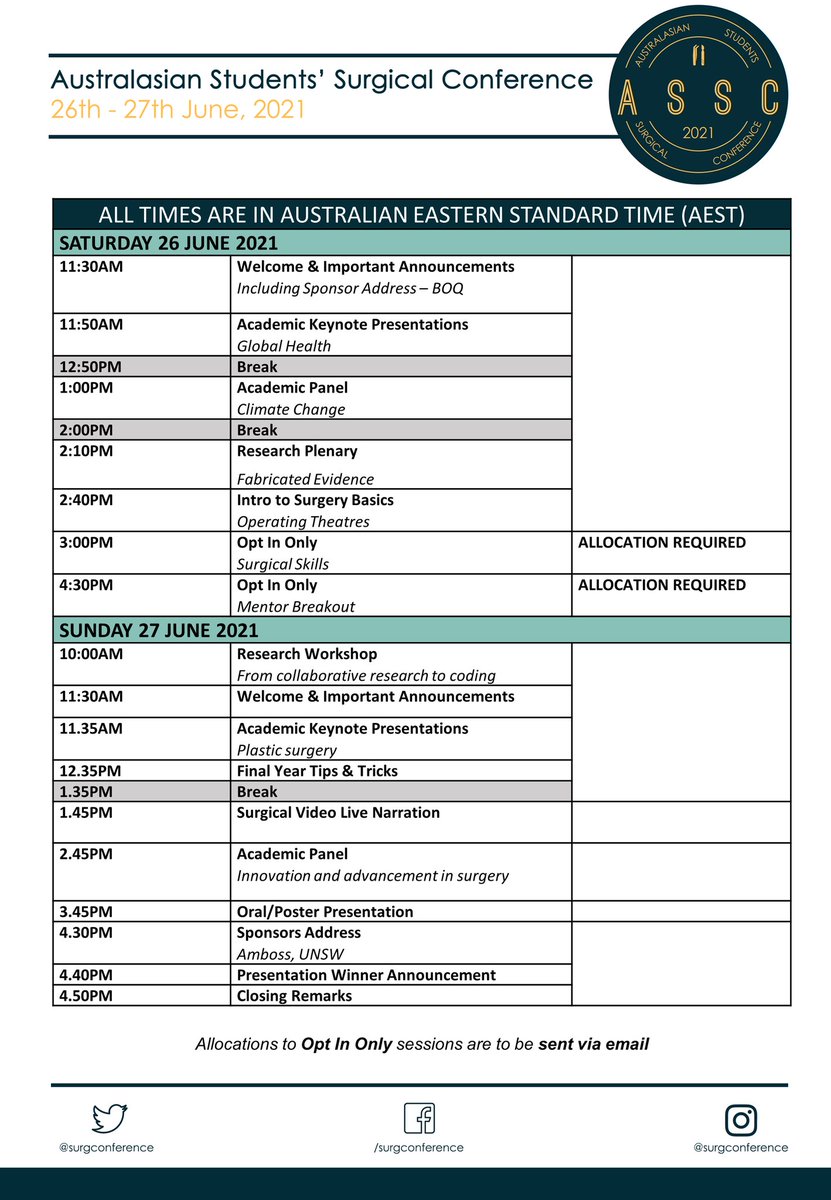 We are excited to announce our timetable for ASSC2021! We have lined up a range of speakers and workshops to help you further your surgical acumen 📖. For those who have preferenced Opt In Only sessions, we will contact with you via email very shortly with your allocations! ✨