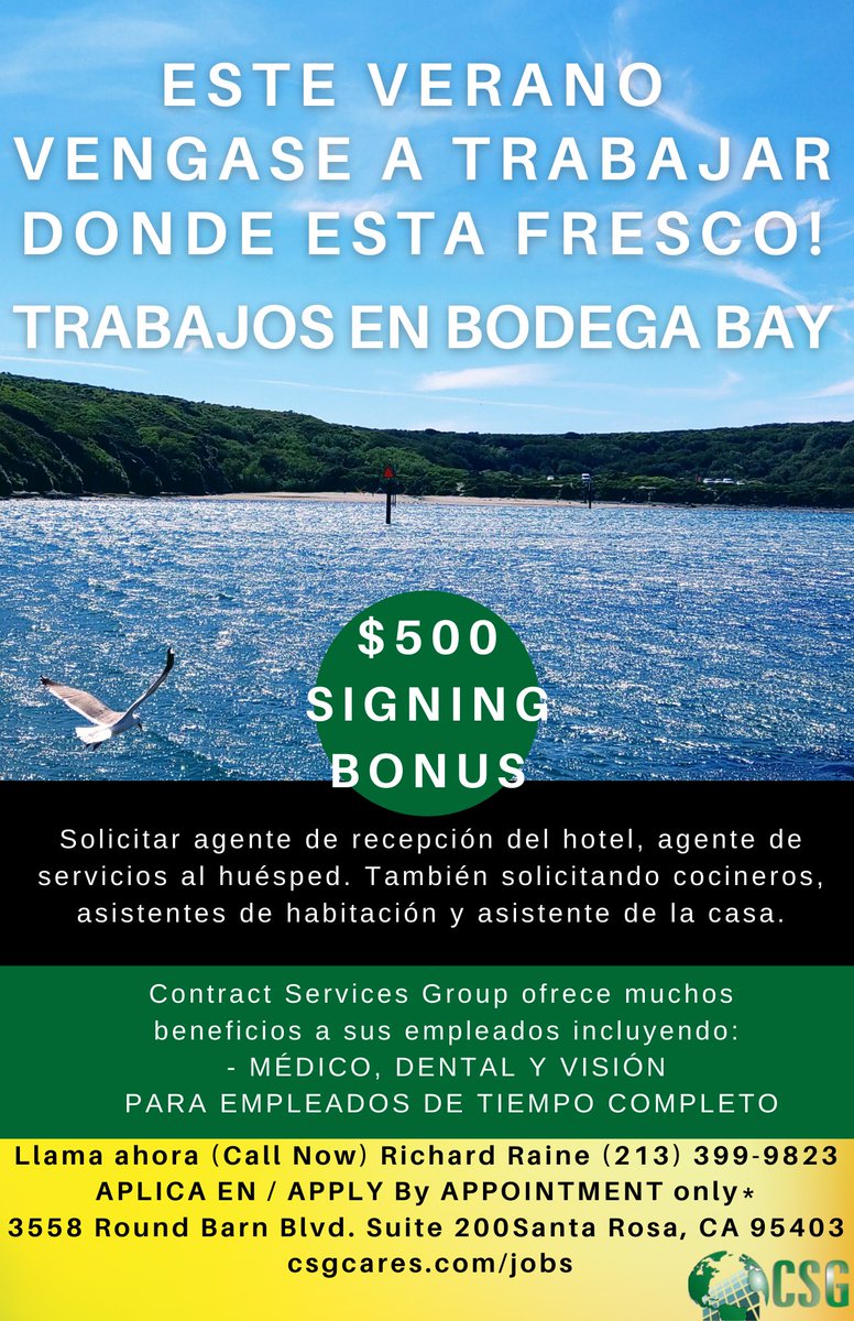 CSGCARES's tweet photo. Contract Services Group is Hiring in Bodega Bay. Come spend your summer where it is cool!🌊🌊
#bodegabay #summerjobs #nowhiring #jobopenings #applynow #onsitejobs #jobseekers #csgcares
Apply now at https://t.co/t6EqIuV7YF https://t.co/KqJP8k7RLF