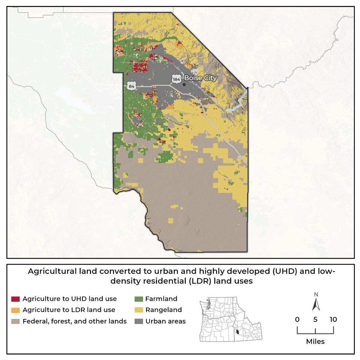 SS_GeoML's tweet image. Map of Ada county, Idaho showing the transition of agricultural land into urban and highly developed (UHD) and low-density residential (LDR) land uses. 
This map is still 🚧 under development. 
#MappyMonday #MapMonday @GISLounge @geospatialwomen @Think_Geo @ag_maps @Farmland