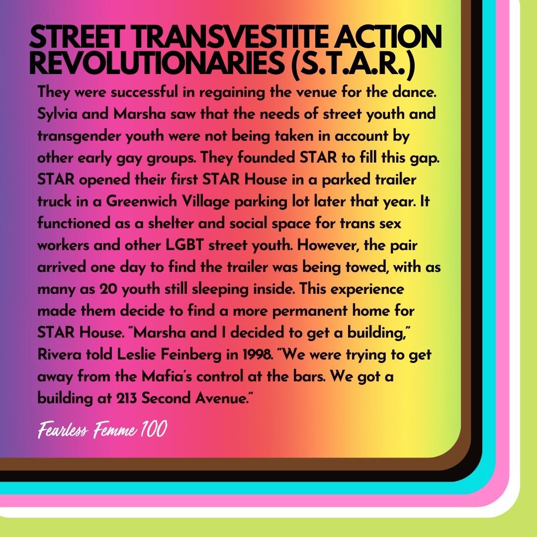 FFemme100's tweet photo. Let's learn about the Street Transv*est*te Action Revolutionaries (S.T.A.R.) ⭐

NO PRIDE WITHOUT TRANS LIBERATION ✊🏾🏳️‍⚧️✊🏿

#PrideMonth #PrideMonth2021 #TheFirstPrideWasARiot #StonewallUprising #MarshaPJohnson #SylviaRivera #QTBIPOC #LGBTQ #TransLiberation #QueerLiberation https://t.co/rDPihuEBmM