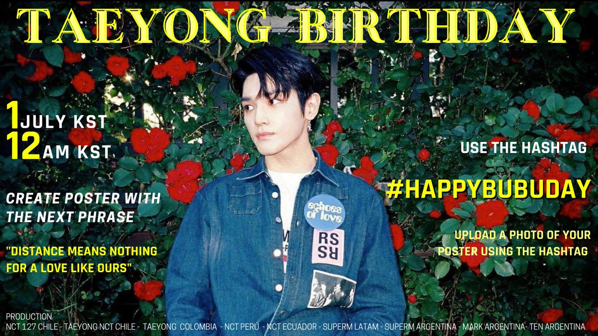 markleearg's tweet photo. 🎂TAEYONG'S BIRTHDAY🎂 
🌹CREATE FOR TAEYONG🌹

✍️ Write the following phrase: 
"Distance means nothing for a love like ours"

On a paper or cardboard and decorate as you like. Then, upload a pic using:
#️⃣HAPPYBUBUDAY 
❌ DO NOT use before 
📆12AM KST 1stJULY

@NCTsmtown #TAEYONG https://t.co/1fws6qK80g