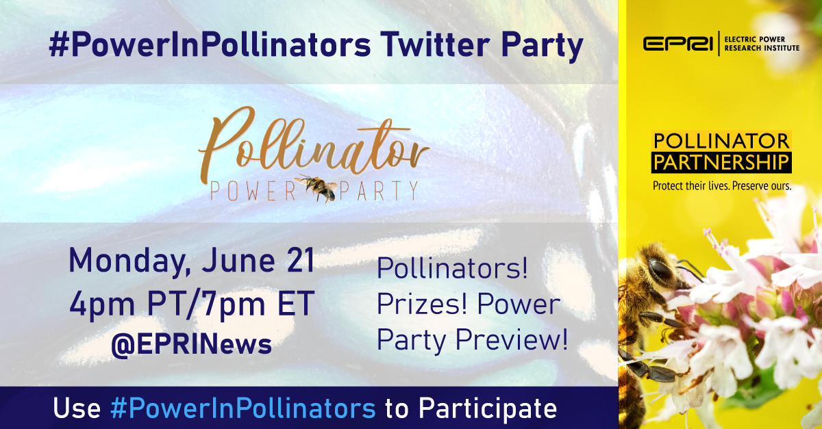 Follow this thread and don’t miss <a href="/EPRINews/">EPRI</a> #PowerinPollinators Twitter chat for the Pollinator Power Party with <a href="/Pollinators/">Pollinator Partnership</a> beginning at 7 p.m. EDT