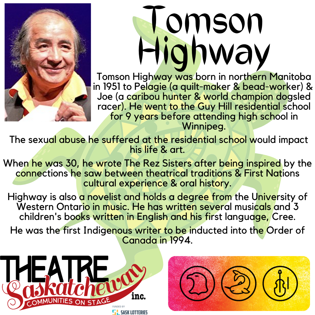 TSI1932's tweet photo. Tomson Highway is our next featured Indigenous playwright!

Tomson Highway was born in northern Manitoba in 1951 to Pelagie (a quilt-maker &amp; bead-worker) &amp;  Joe (a caribou hunter &amp; world champion dogsled racer). He went to the Guy Hill residential school for 9 years before high https://t.co/y1QLQuasKM