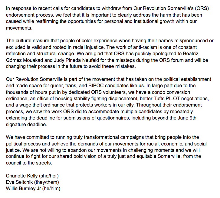 EveSeitchik's tweet photo. Our joint statement on the Our Revolution Somerville endorsement process:

"We are not willing to abandon our movements in challenging moments, and we will continue to fight for our shared bold vision of a truly just and equitable Somerville, from the council to the streets" https://t.co/LdexoyTm6W