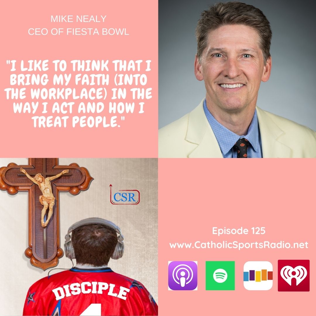 CathSportsRadio's tweet photo. 🏈 @mjnealy is the CEO of the @Fiesta_Bowl and previously worked for the NHL’s Arizona Coyotes &amp; Minnesota Wild. He has also been a football coach and basketball referee. And, he has always been #Catholic. Hear about his #faith journey on Episode 125, released today. #podcast https://t.co/zzUDfJJJH2