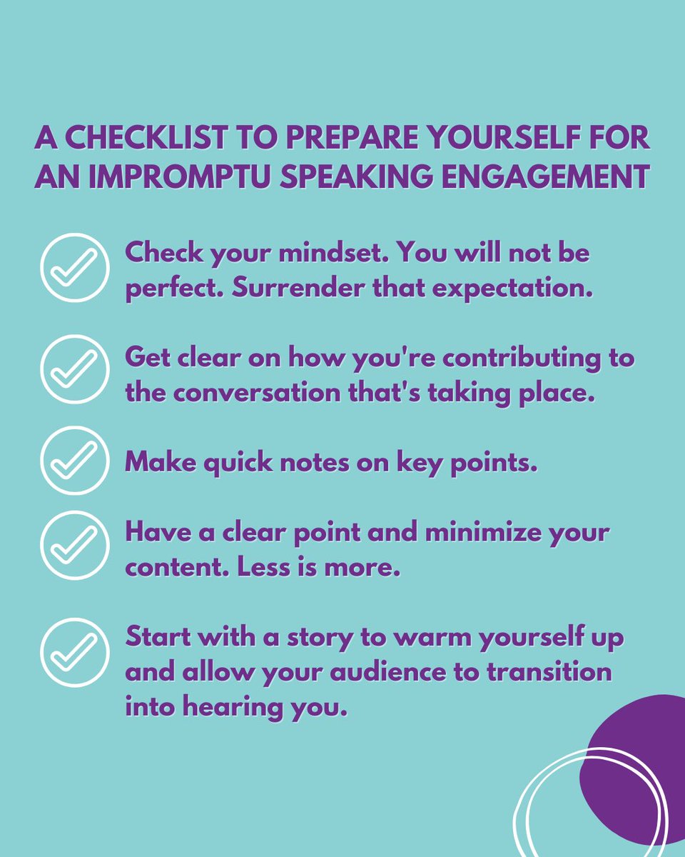 MinnataylorE's tweet photo. One of the largest challenges I hear from clients, is how they feel really anxious and unprepared to speak at the last minute or when called on unexpectedly to contribute. So I put a quick list together to get you prepared for when you have no time for preparation. https://t.co/PCOp3661ko