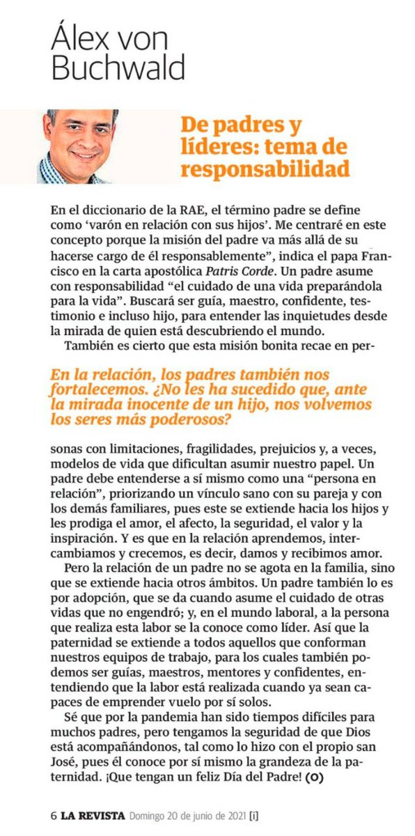 alexvonbuch's tweet image. Ser padre es una bonita e importante labor. Por eso, los invito a leer mi artículo por el #DiaDelPadre que se publicó en @larevista_ec de @eluniversocom. ¡Leo sus comentarios! #Liderazgo #TransformacionCultural  #YoSoyHumane @HumaneHCG @HumaneNegocios