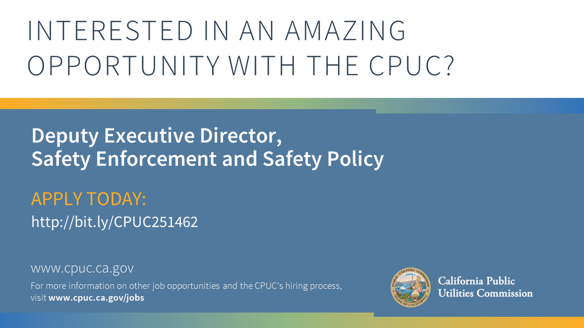 californiapuc's tweet photo. We're hiring a Deputy Executive Director to lead and support our work in safety enforcement and safety policy. This position may be filled in Sacramento, SF or LA. Apply by June 25, 2021: https://t.co/t4U9FggqlM
#WorkforCA #CAJobs #HiringNow https://t.co/MqUJDoLwQO