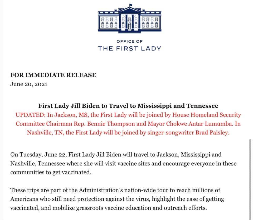 We are excited for <a href="/FLOTUS/">First Lady Melania Trump</a> to visit <a href="/CityOfJxnMS/">City of Jackson Mississippi</a> with <a href="/BennieGThompson/">Rep. Bennie G. Thompson</a> tomorrow! In order to safely #BuildBackBetter, we must increase our vaccinated population here in Mississippi.

We can do this, but we must all do our part to continue the fight against COVID-19 in our state.