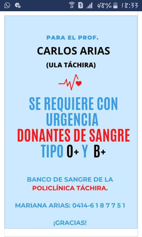 larias26's tweet photo. #ServicioPublico Buenas Tardes se necesita para paciente recluido en Policlinica Tachira donantes de Sangre B+ O+ cualquier Informacion al Nro 0414-6187751. De ante mano mil Gracias. https://t.co/fffIvBFGtg
