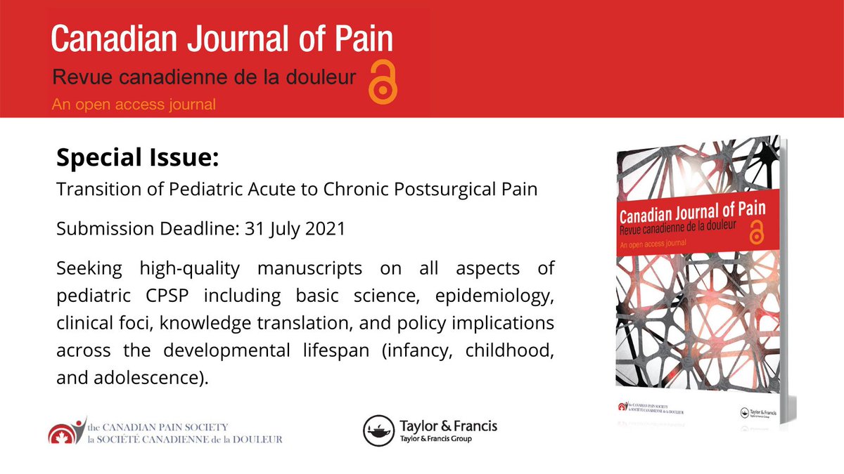 Canadian Pain Society (@canadianpain) on Twitter photo 📢<a href="/CanJPain/">Canadian Journal of Pain</a> CALL FOR PAPERS
⚡️Special Issue on Transition of Pediatric Acute to Chronic Postsurgical Pain
📅Deadline: July 31, 2021
✒️Guest editors <a href="/BNRosenblm/">Dr. Brittany Rosenbloom</a> <a href="/mariavpavlova/">Maria Pavlova</a>
📑Info & submit bit.ly/3d0ar37 📢<a href="/CanJPain/">Canadian Journal of Pain</a> CALL FOR PAPERS
⚡️Special Issue on Transition of Pediatric Acute to Chronic Postsurgical Pain
📅Deadline: July 31, 2021
✒️Guest editors <a href="/BNRosenblm/">Dr. Brittany Rosenbloom</a> <a href="/mariavpavlova/">Maria Pavlova</a>
📑Info & submit bit.ly/3d0ar37