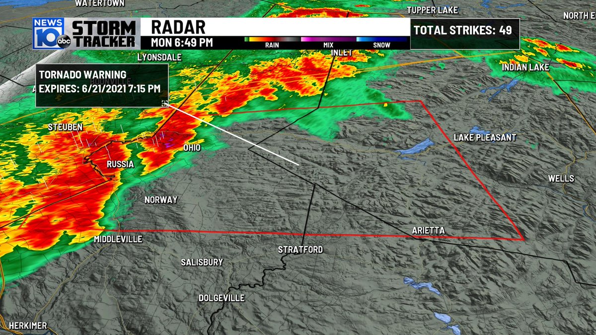 TORNADO WARNING Herkimer and parts of Hamilton County til 715pm.
Doppler Radar indicates a possible tornado near Ohio
Moving EAST at 50mph. 
Take Shelter immediately.....Heading towards SW Hamilton County.