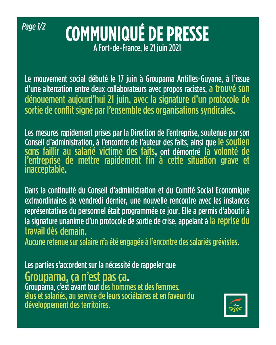 GroupamaAG's tweet photo. Communiqué du 21 juin 2021 - Sortie de conflit de Groupama Antilles-Guyane https://t.co/z1utv9qrnf