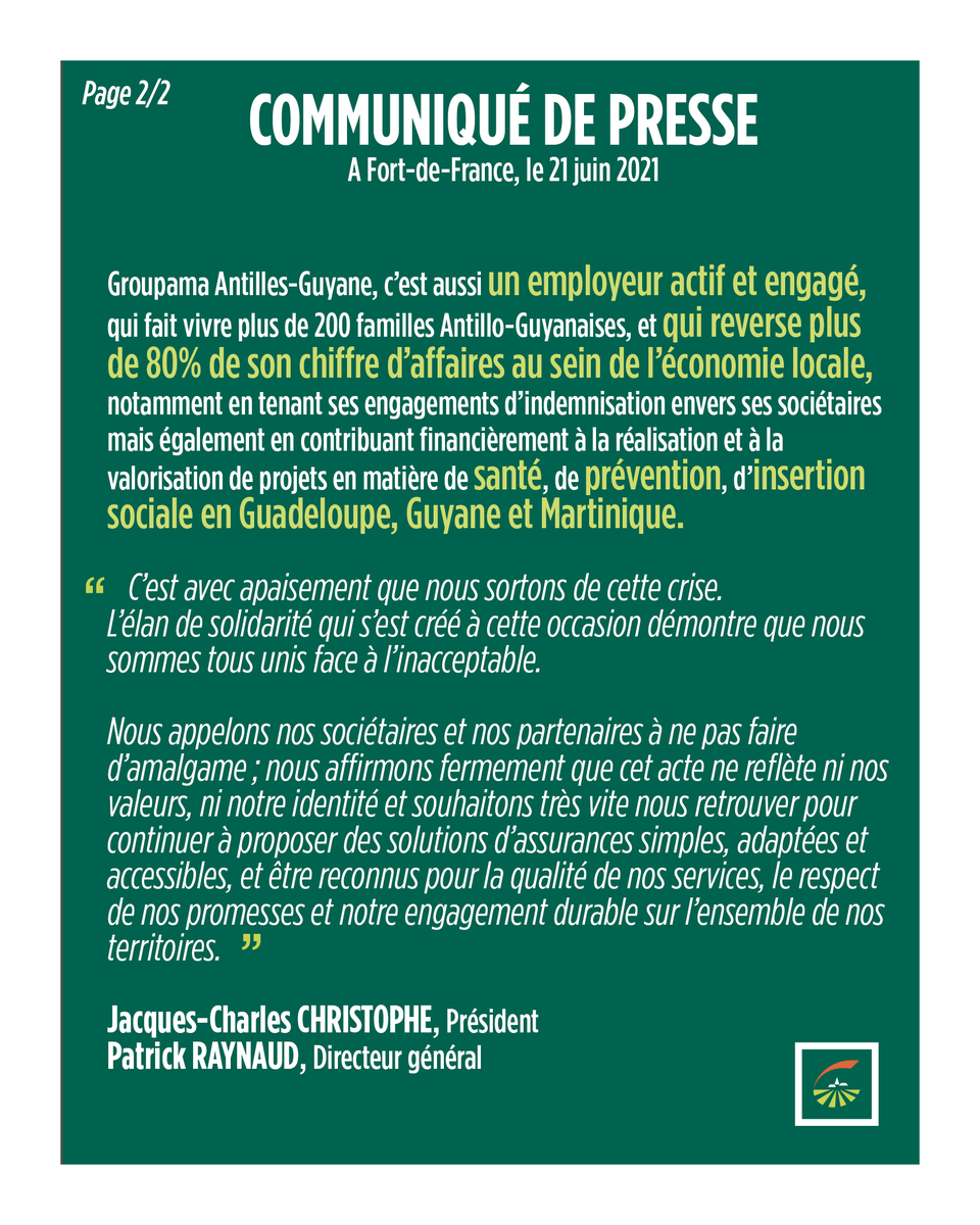GroupamaAG's tweet photo. Communiqué du 21 juin 2021 - Sortie de conflit de Groupama Antilles-Guyane https://t.co/z1utv9qrnf