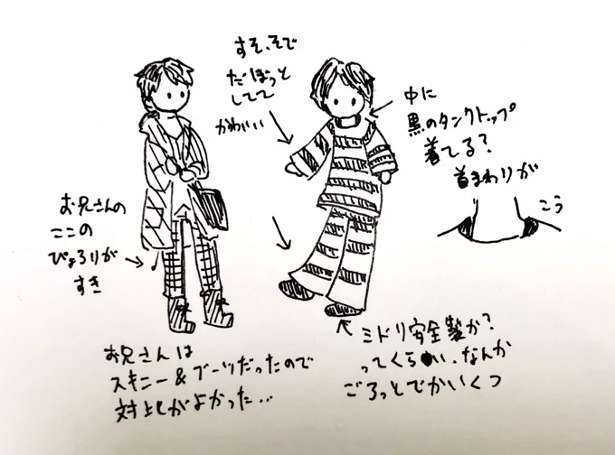 囚人服かわいかったなという…デフォルメのクセで裾袖ラッパぽく広げてしまうのだけど、ほんとはストレートで絞ってない感じです。 