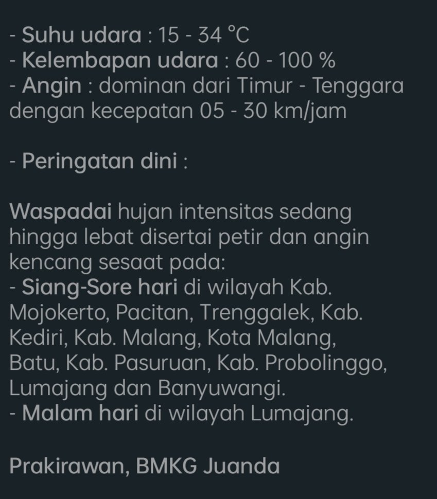 infobmkgjuanda's tweet image. RESUME
PRAKIRAAN CUACA JATIM
22 JUNI 2021
Selamat pagi...
Berikut kami sampaikan
Resume Prakicu Hari Ini
Smga brmanfaat 😉
'tuk prakiraan lengkapny silahkan cek postingan kami sblmnya
#InfoBMKGJuanda
#InfoCuaca
#PrakiraanCuaca
#PrakiraanCuacaJatim