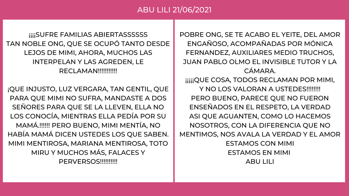 abrazamosamimi's tweet photo. ABU LILI 21/06/2021
#devuelvanamimiasufamilia #quevuelvamimiacasa #quevuelvamimiconsufamilia #dejenquevuelvamimi #quevuelvamimiasucasaya #devuelvanamimi
@marceloikonikof @barilirodolfo @AnaBertone5 @lara_piro @Tutehumor @lanegrapietra @Facundo_Arana https://t.co/6ztxAxrbak