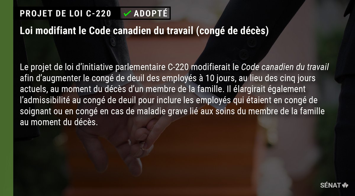 SenatCA's tweet photo. Le projet de loi #C220 a été adopté à la troisième lecture au Sénat : https://t.co/hzoZ2Cdzid
#SenCA #polcan https://t.co/KnZWteOiu6