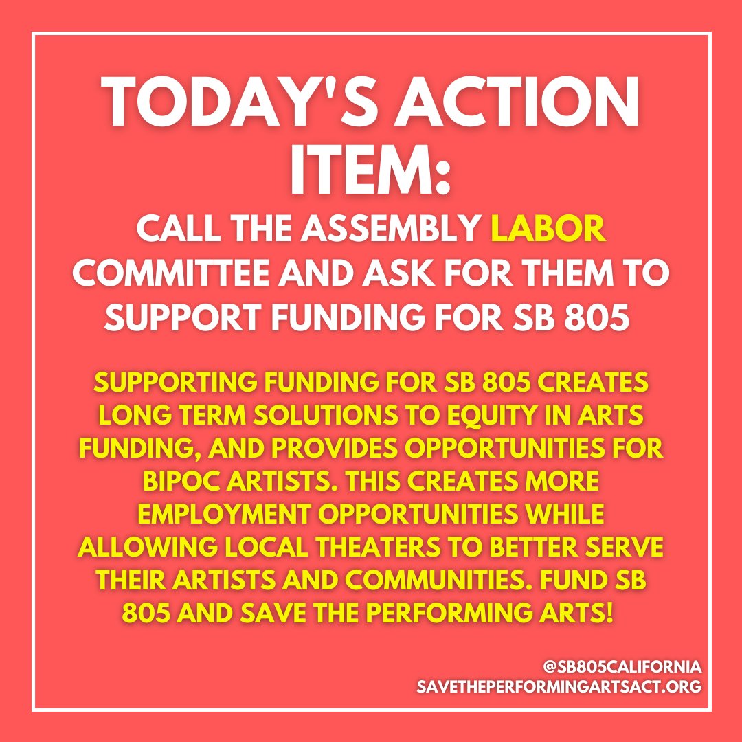 sb1116ca's tweet photo. CALL/TAG/EMAIL THE ASSEMBLY LABOR COMMITTEE AND ASK FOR THEM TO SUPPORT FUNDING FOR SB 805! Contact details:
https://t.co/oydLAU8zZ4
#SB805 #SavethePerformingArtsAct #California #StateAssembly #LaborCommittee https://t.co/6isBQKUqWM