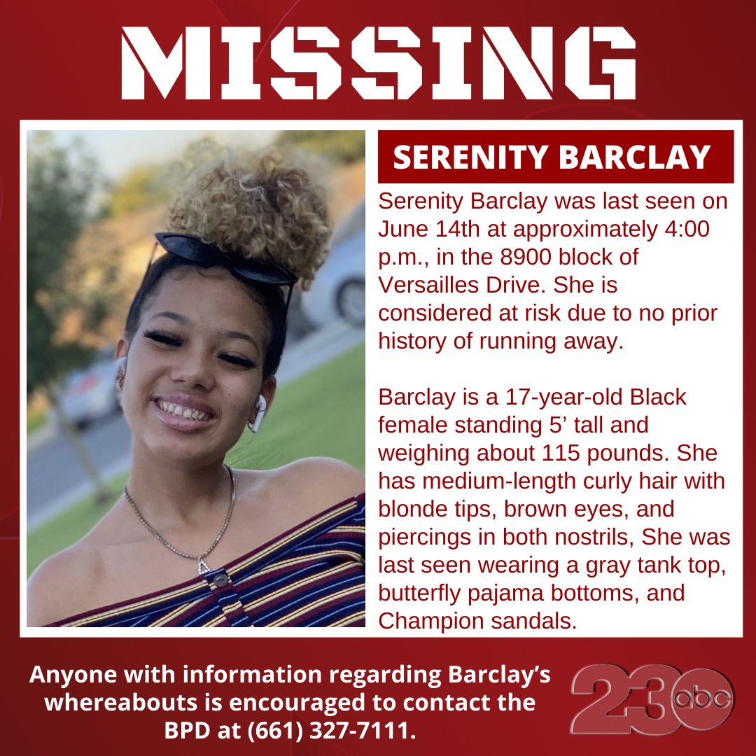 IT ONLY TAKES A SECOND TO SHARE: Serenity Barclay was last seen on June 14th at approximately 4:00 p.m., in the 8900 block of Versailles Drive. She is considered at risk due to no prior history of running away. turnto23.com/news/missing-p…