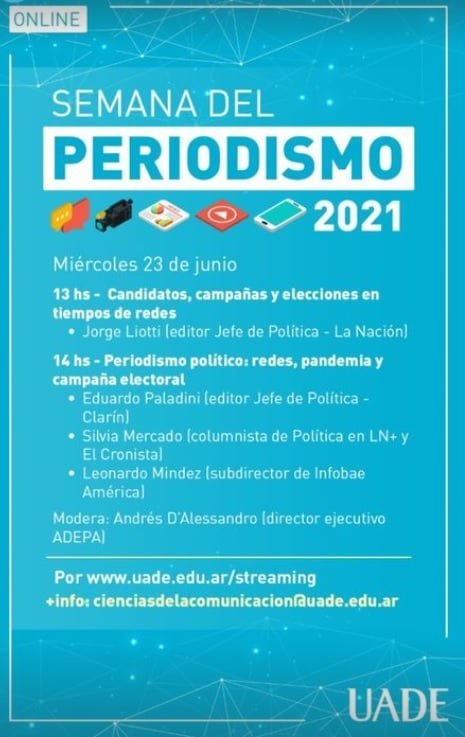 jcrettaz's tweet photo. #Periodismo Político. Campaña, grieta y redes, con Jorge Liotti, y una mesa de editores @EduardoPaladini @SilMercado @leomindez y @acdalessandro #periodismoUADE #comunicaciónUADE https://t.co/3lKOQr8rGI